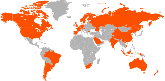 Carte du monde avec les pays où les produits Taimi sont distribués mis en évidence