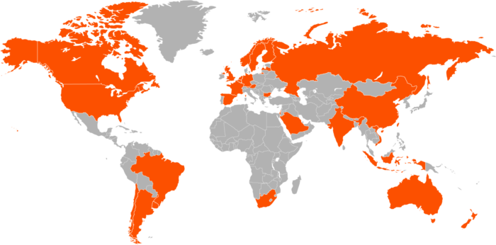 Carte du monde mettant en évidence les pays où les produits Taimi sont distribués